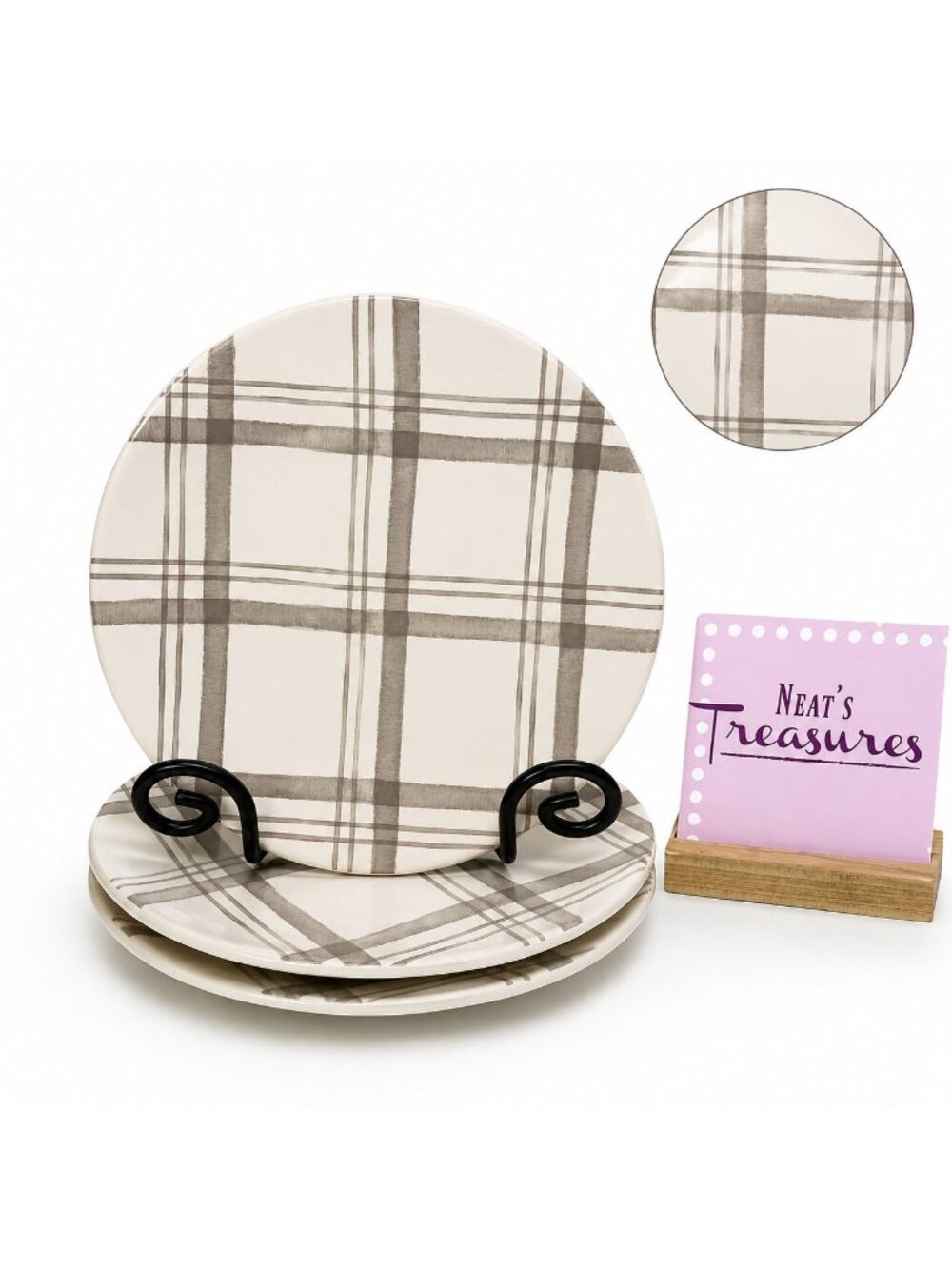 Pier 1 LINEN CHECK Gray Check Plaid Ironstone Round 9" Salad Lunch Plates Set 3